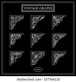 Vector set of elements for design. Square corners, frames. Beautiful ornate elements, vine and grapes. Vintage, hand drawing doodle style. New elements in each set, black and white chalkboard style 