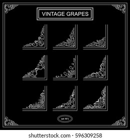 Vector set of elements for design. Square corners, frames. Beautiful ornate floral elements, vine, grapes, glasses, bottles. Vintage, hand drawn sketch collection. Black and white, chalkboard style