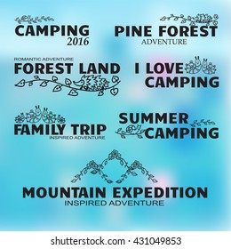 Vector set of elements. Emblems, labels, logos, badges for camping, family travel, forest adventure. Nature, simple doodle style
