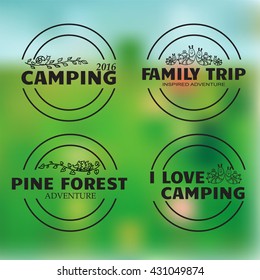 Vector set of elements. Emblems, labels, logos, badges for camping, family travel, forest adventure. Nature, simple doodle style
