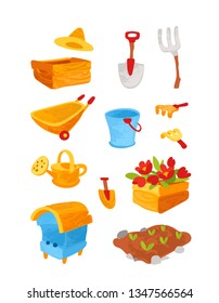 Vector set with elements of the farm, garden in the children's style. Collection in cartoon style