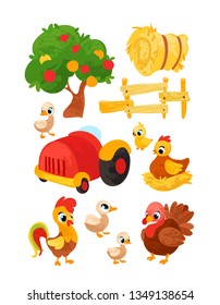 Vector set with elements of the farm, garden in the children's style. Collection in cartoon style