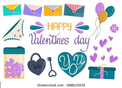 Vector set of elements for February 14 - Valentines Day isolated on a white background in cartoon style. Lettering, hearts, postal envelopes for the design of postcards and valentines.