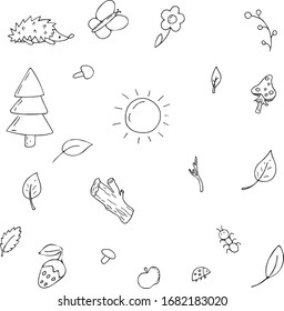 vector set of elements, forest, nature, plants and insects