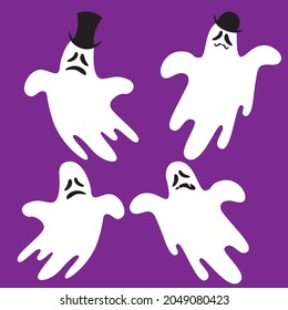 Vector set of elements for halloween decor: cartoon white flying ghosts wearing bowler hat and top hat . 