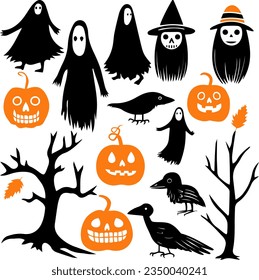 Vector set of elements for Halloween single color silhouettes of spooky trees, funny pumpkins, Japanese ghost and heads of witches in hats