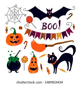 Vector set with elements for Halloween (spider web, black cat, bat, pot, pumpkins, garland, candies, broom). Illustration for cards design, posters, flyers, invitations and other