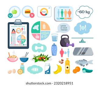 Vector set of elements of a healthy lifestyle, diet and weight loss. Icons of proper nutrition and healthy lifestyle in cartoon style isolated on a white background