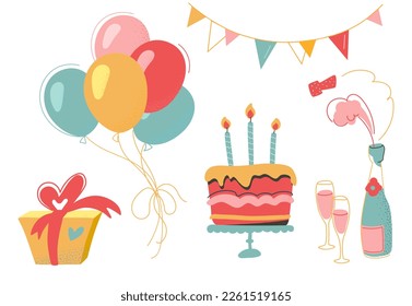 Vector set of elements for the holiday Birthday party. Decorative set with balloons, bunting, champagne, glasses, cake with candles, gift. Isolated on white background.