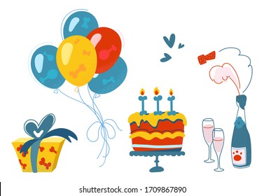 Vector set of elements for the holiday "dog's birthday". Decorative Set : balloons, champagne, glasses, cake, gift, hearts. Prints for dogs and puppies. Isolated on a white background