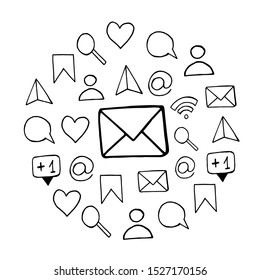 Vector set of elements and icons on the topic of social networks. Drawn by hands with a liner, located on a white background. For design on topics: internet, mobile, communication, social networks