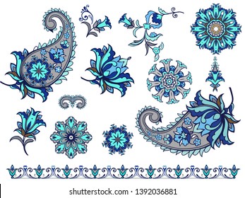 Vector set of elements of indian ornament, paisley, fantasy flowers, mandalas.