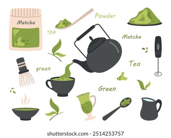 Vector set of elements for making matcha tea, hand drawn on white background. Lettering green tea, matcha powder.