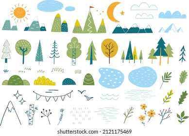 vector set of elements for maps and hiking: trees mountains lakes flowers clouds