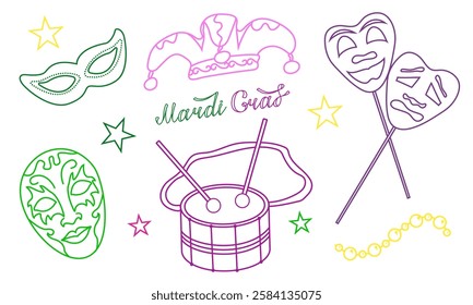 Vector set with elements for Mardi Gras carnival with text in doodle style. Bright Image of mask and drum for design and logos. Colorful elements of party outfits