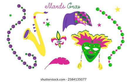 Vector set with elements for Mardi Gras carnival with text. Bright Images of mask, hat, feathers and beads for design and logos. Colorful elements of party outfits