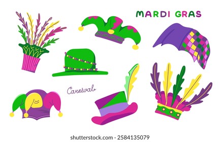 Vector set with elements for Mardi Gras carnival with text. Bright Images of hats with feathers and beads for design and logos. Colorful elements of party outfits