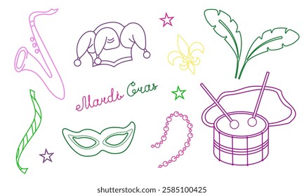 Vector set with elements for Mardi Gras carnival with text in doodle style. Bright Images of masks, feathers, hats and beads for design and logos. Colorful elements of party outfits