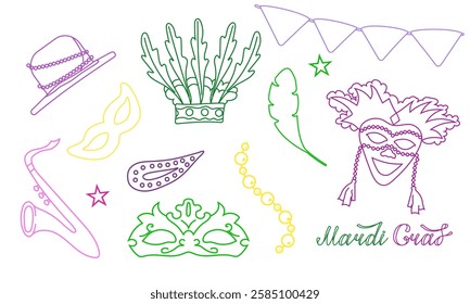 Vector set with elements for Mardi Gras carnival with text in doodle style. Bright Image of hat with feathers, flags and beads for design and logos. Colorful elements of party outfits