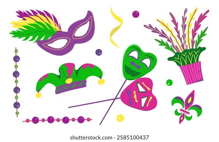 Vector set with elements for Mardi Gras carnival. Bright Images of mask, hat with feathers and beads with confetti for design and logos. Colorful elements of party outfits