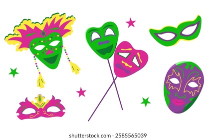 Vector set with elements for Mardi Gras carnival. Bright Images of different masks for design and logos. Colorful elements of party outfits