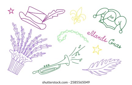 Vector set with elements for Mardi Gras carnival with text in doodle style. Bright Images of hats, feathers and beads for design and logos. Colorful elements of party outfits