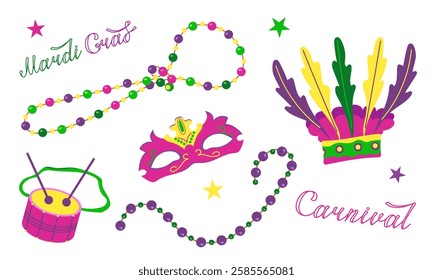 Vector set with elements for Mardi Gras carnival with text. Bright Images of mask, hat with feathers, drum and beads for design and logos. Colorful elements of party outfits