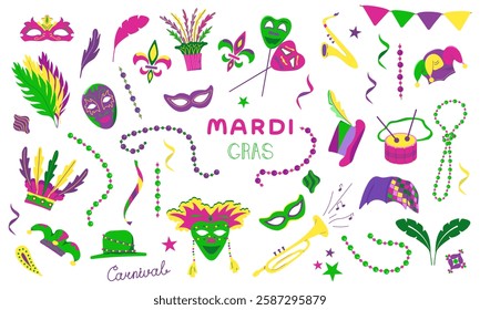 Vector set with elements for Mardi Gras carnival. Bright Images of moss, hats with feathers and drums and beads for design and logos. Colorful elements of outfits and objects for a party