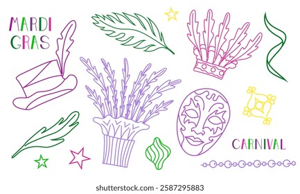 Vector set with elements for Mardi Gras carnival with text in doodle style. Bright Images of masks, feathers, hats and beads with confetti for design and logos. Colorful elements of party outfits