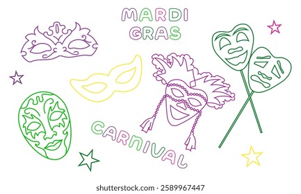 Vector set with elements for Mardi Gras carnival with text in doodle style. Bright Images of different masks for design and logos. Colorful elements of party outfits