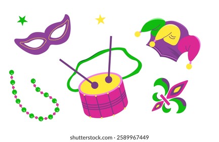 Vector set with elements for Mardi Gras carnival. Bright Images of hats, masks with beads and drums for design and logos. Colorful elements of party outfits