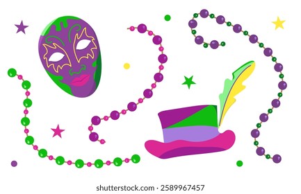 Vector set with elements for Mardi Gras carnival. Bright Images of masks, hats with feathers and beads for design and logos. Colorful elements of party outfits