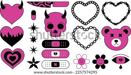 Vector set of elements in n2d style, kawaii emo illustration black and pink