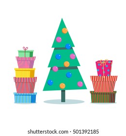 Vector set of elements for the New Year and Christmas design in a flat style. Christmas tree with decorations, striped gift boxes, gift wrap, presents, gifts stacked up.