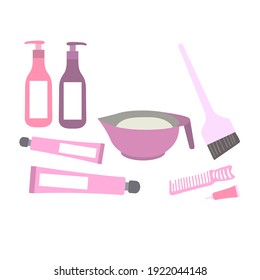 Vector set of elements, objects, tools, accessories for hair coloring. Pink paintbrush, dye bowl, dye brush, hair dye, comb. Isolated on white, hand-drawn. Hairdresser, coloris, barbershop, barber