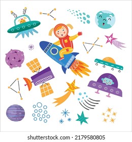 Vector set with elements on children's space theme.