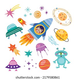 Vector set with elements on children's space theme.