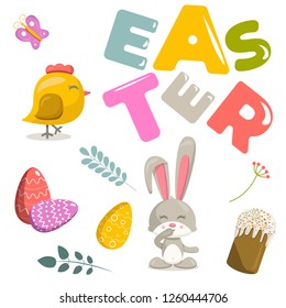 Vector set of elements on Easter theme. Animals and flora, letters on a white background.