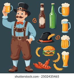 Vector set of elements on the Oktoberfest theme. Glasses of beer, bottles of beer, hamburger, frying sausages and more.