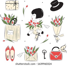 Vector set of elements on a spring theme with tulips. Girl with flowers, handbag, shoes in graphic style. Illustration of the fashion vector.