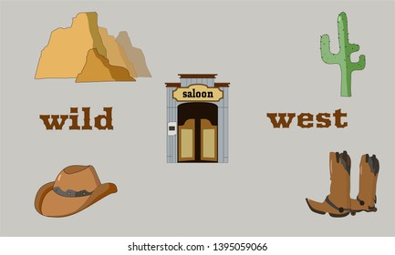 Vector set of elements on the theme of the wild west in the style of a cartoon. Illustrations for games, websites, books, magazines.