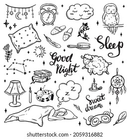 Vector set with elements on the theme of sleep. pillow, owl, lamb, sleeping girl, stars, night light. doodle style. good night. sleep