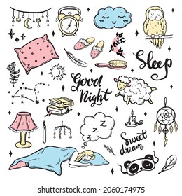 Vector set with elements on the theme of sleep. pillow, owl, lamb, sleeping girl, stars, night light. doodle style. good night. sleep