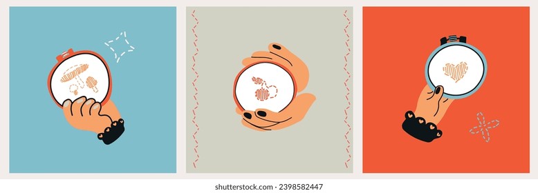 Vector set of elements on the theme of embroidery. Three cartoon hands hold a hoop with embroidery. Elements for the design of advertising brochures, postcards. Scandinavian illustration style.