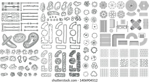 Vector set. Elements of the park. Top view. Collection for landscape design, plan, maps. Paths, fences, bushes, trees, furniture. (View from above) 