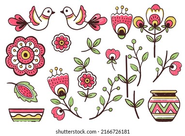 Elementos del conjunto de vectores. Diseño de patrones en los estilos de bordado folclórico tradicional ucraniano. Dibujar a mano elementos florales, follaje y aves