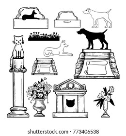Vector set of elements for the pets cemetery. Monuments, sculptures of cats and dogs, vases with flowers, flower beds.