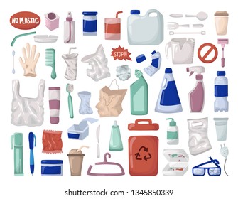 Vector set of elements - plastic trash or waste, plastic recycling conteiner, separate garbage collection. Ecological concept - protection of the planet from pollution. Flat style
