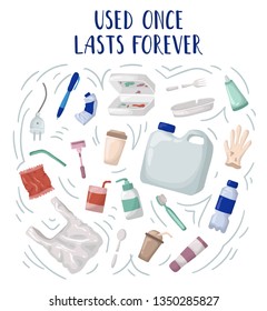 Vector set of elements - plastic trash and wasteor garbage, plastic recycling. Ecological concept - protection of the planet from pollution. Zero waste concept. Flat style