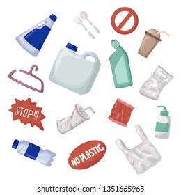 Vector set of elements - plastic trash and waste or garbage, plastic recycling. Ecological concept - protection of the planet from pollution. Zero waste concept. Flat style